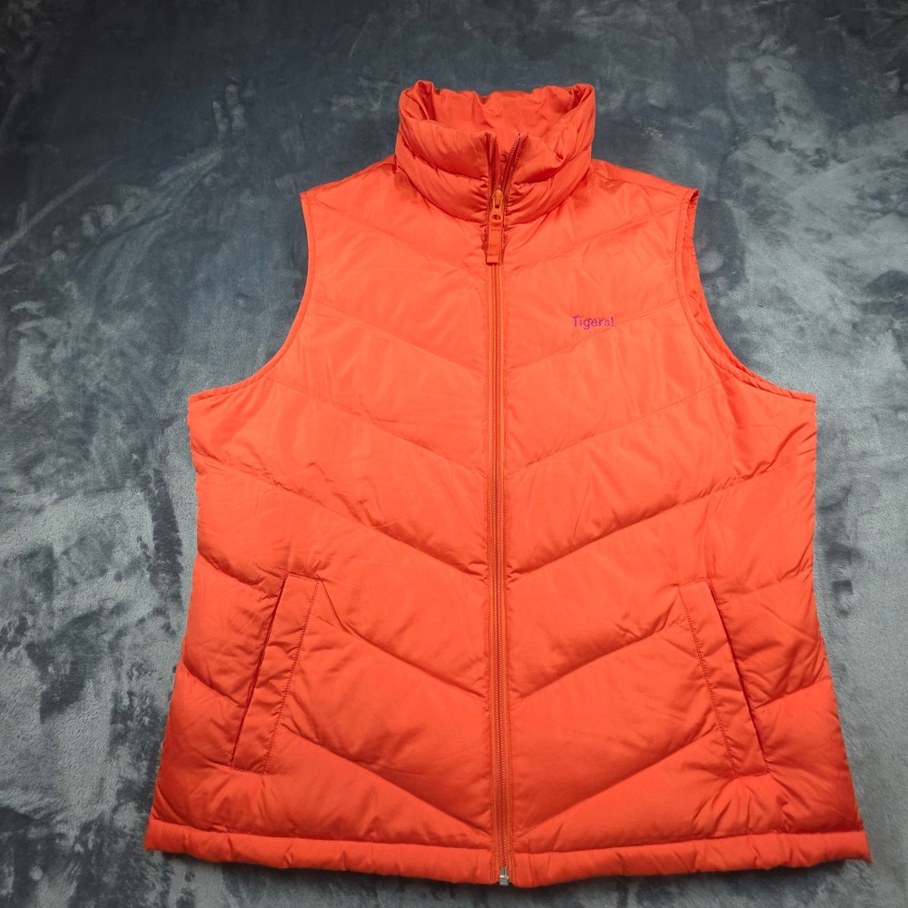 Lands End Womens Orange Puffer Vest Tigers Quilted Full Zip Large 14-16